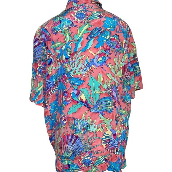 Ann May Silk Vintage Colorful Fish Print Button-Up Shirt - Picture 2 of 10